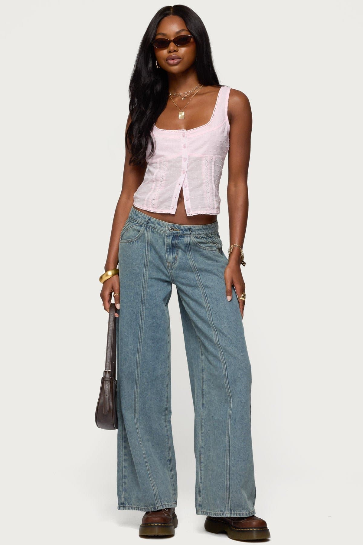 Embroidered Cotton Button Up Tank Top - Square Neckline, Smocked Back