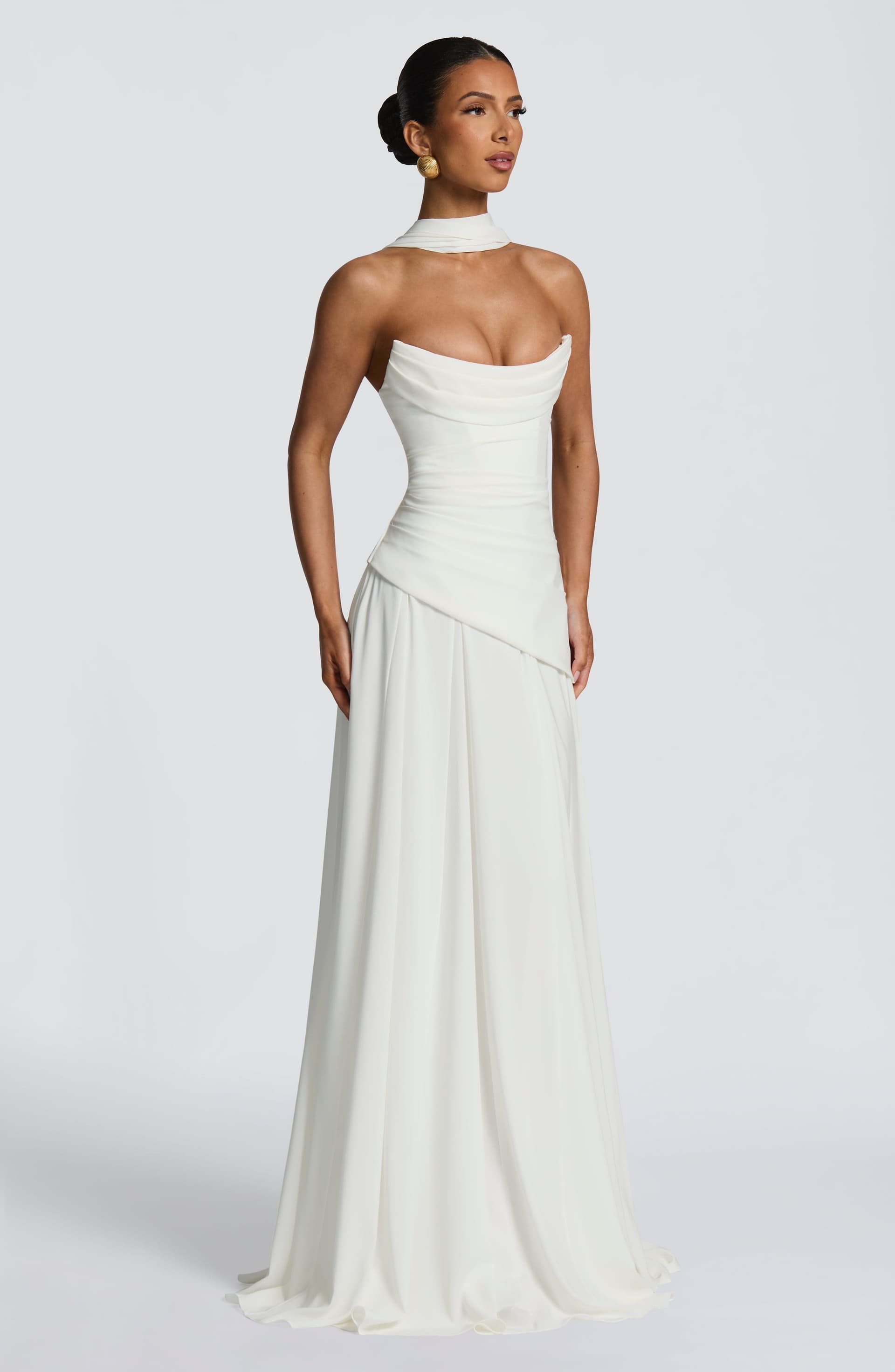 Patricia Maxi Dress in Ivory Chiffon with Lace-Up Back and Godet Skirt