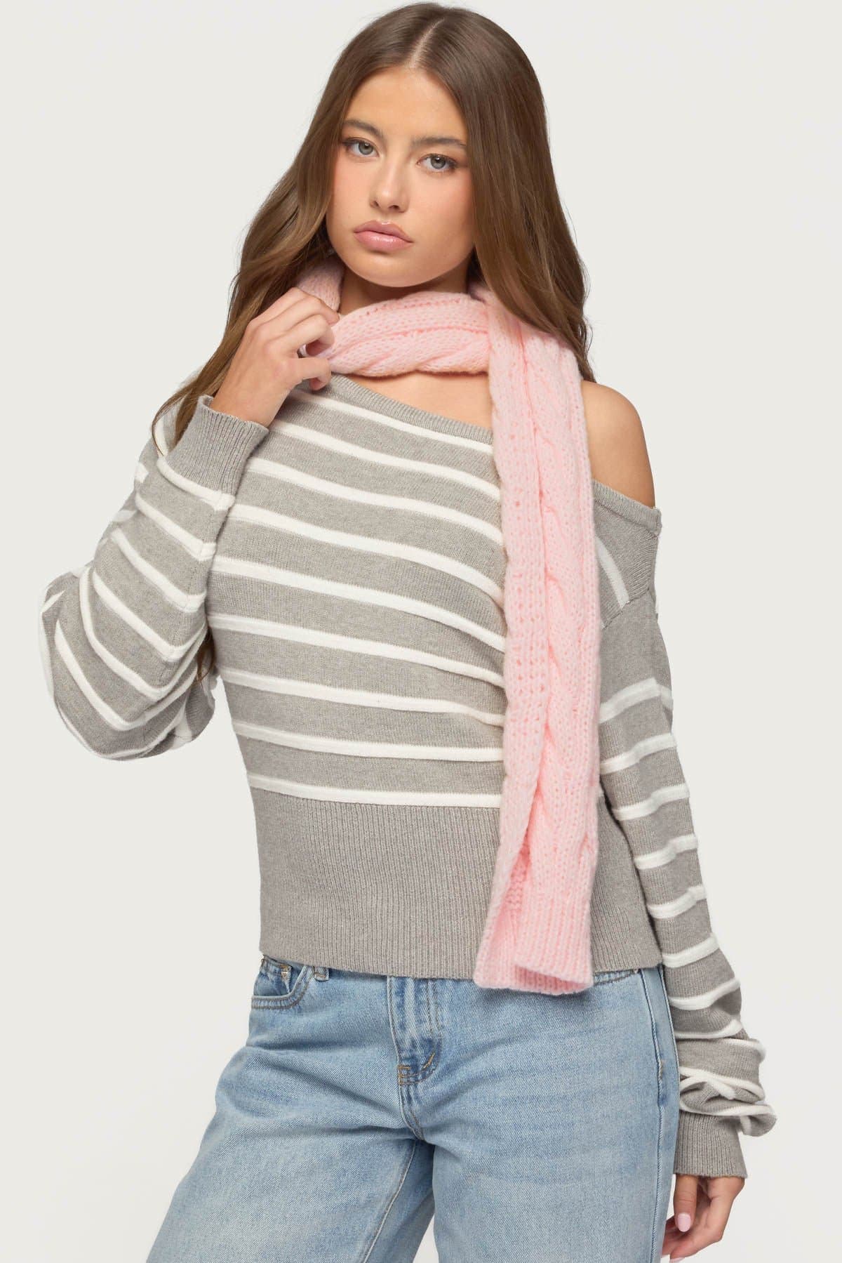 Cable Knit Scarf - Cotton Spandex Blend, 63.8" Length x 9.4" Width