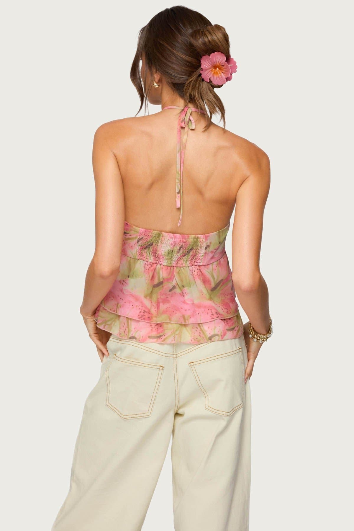 Dragon Lily Floral Print Layered Chiffon Halter Top