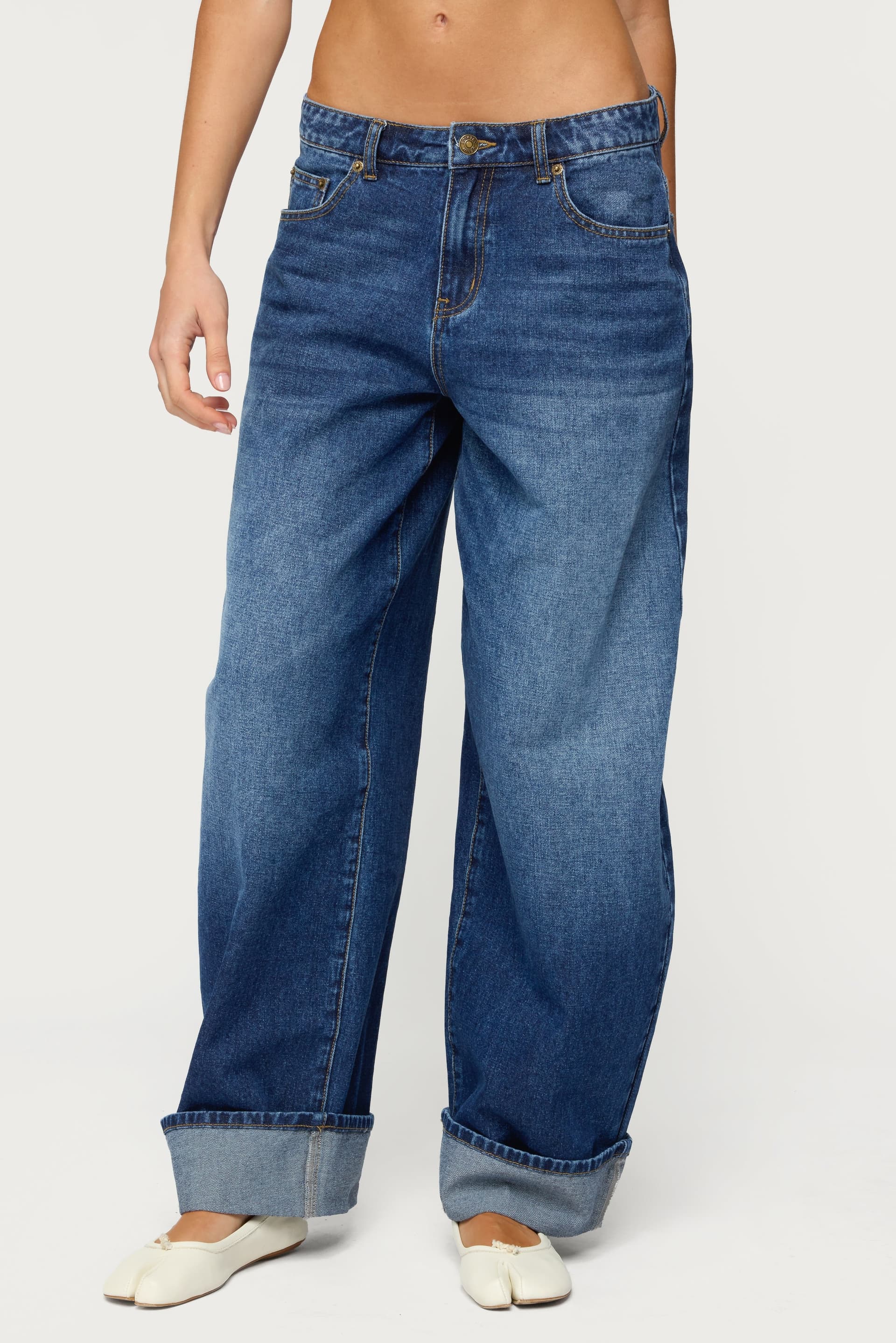 Kella Low Rise Baggy Jeans - Rigid 100% Cotton Denim, Cuffed Hem, Size S Inseam 30.5in