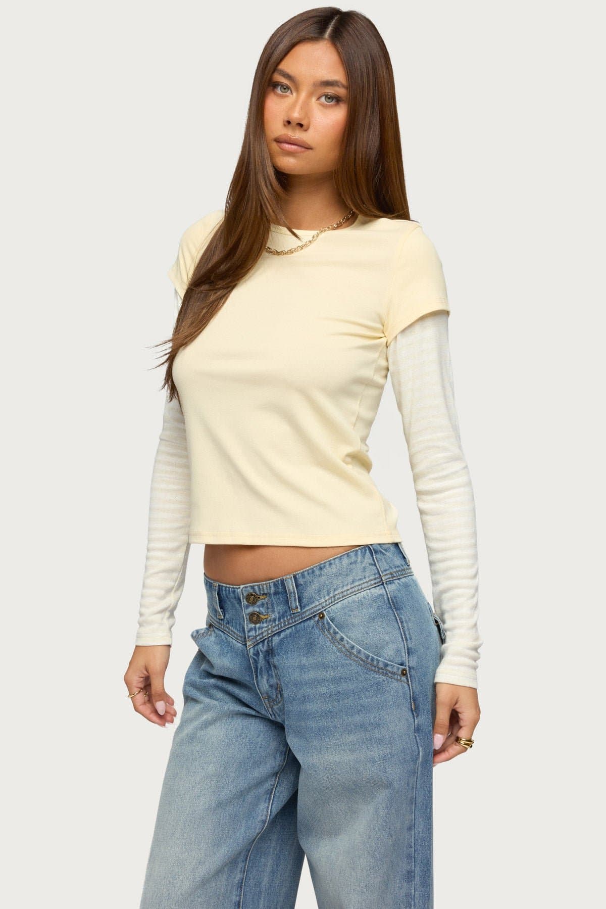 Striped Pointelle Knit Long Sleeve Layered T-Shirt - Cotton Rayon Spandex