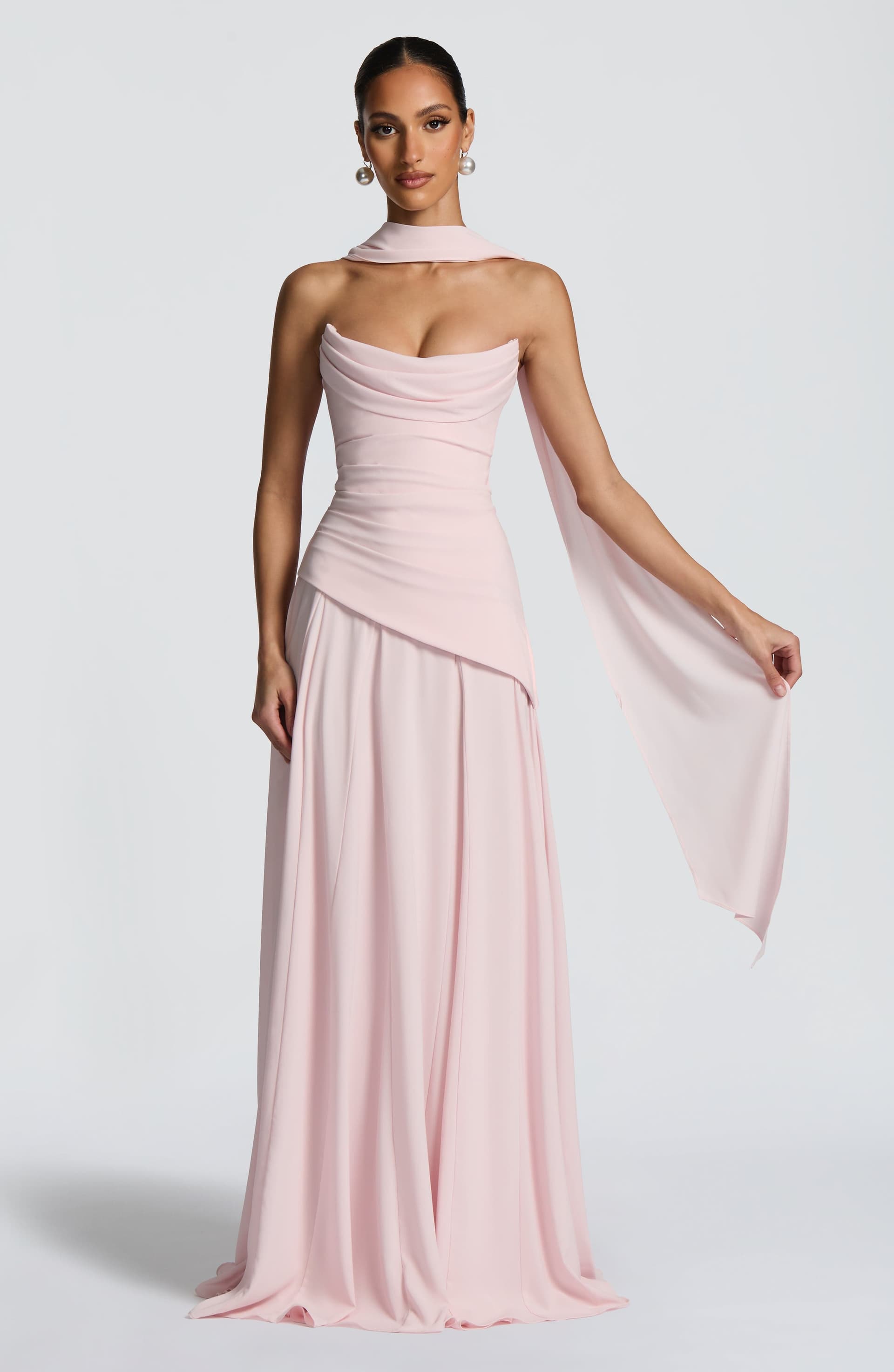 Patricia Maxi Dress - Blush Chiffon with Lace-Up Back, Scooped Neckline