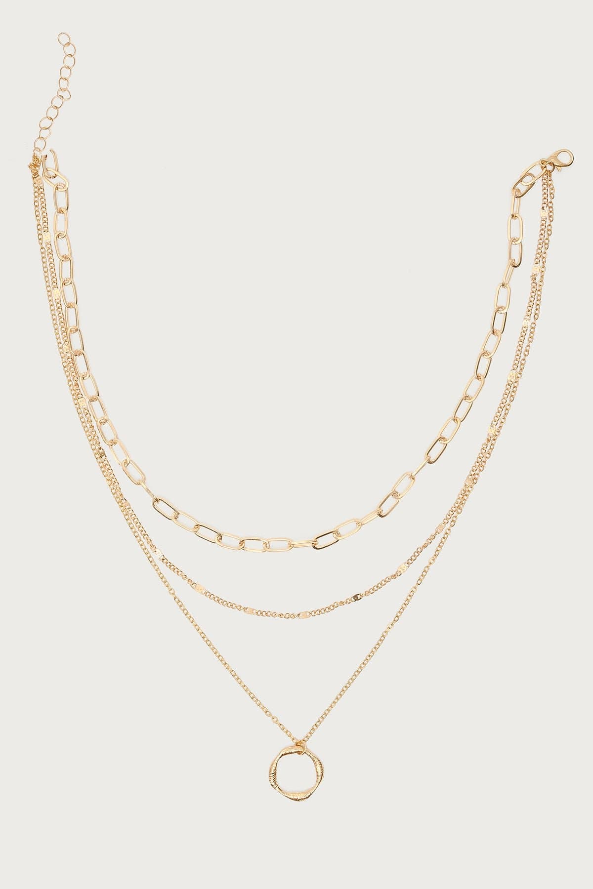 Layered Mixed Chain Necklace with Ring Pendant Gold Tone 14.6 Inch