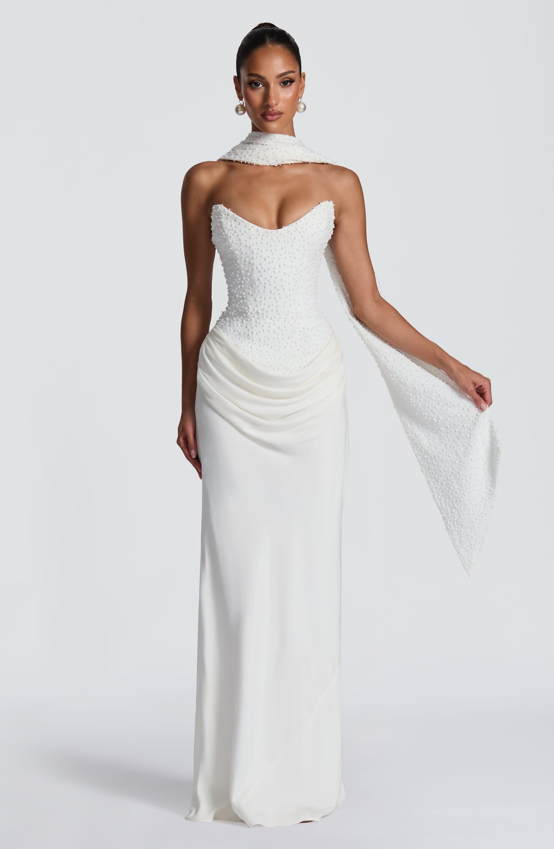 Tindra Maxi Dress Ivory - Pearl Embellished Crepe Bodice Cupro Skirt Strapless