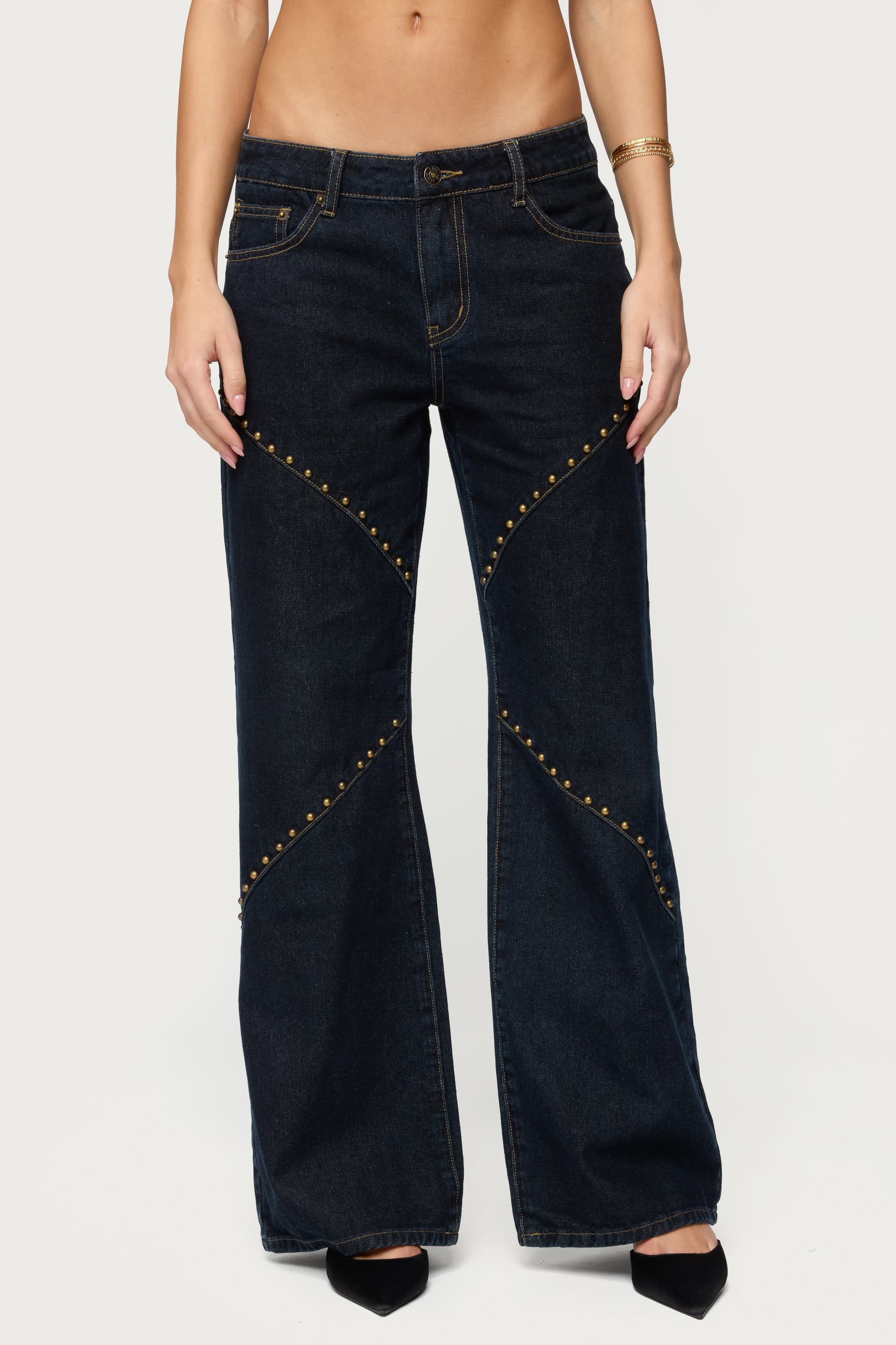 Charla Stud Low Rise Baggy Jeans - Rigid Cotton Denim with Panel Stitching, Size S Inseam 31.5"