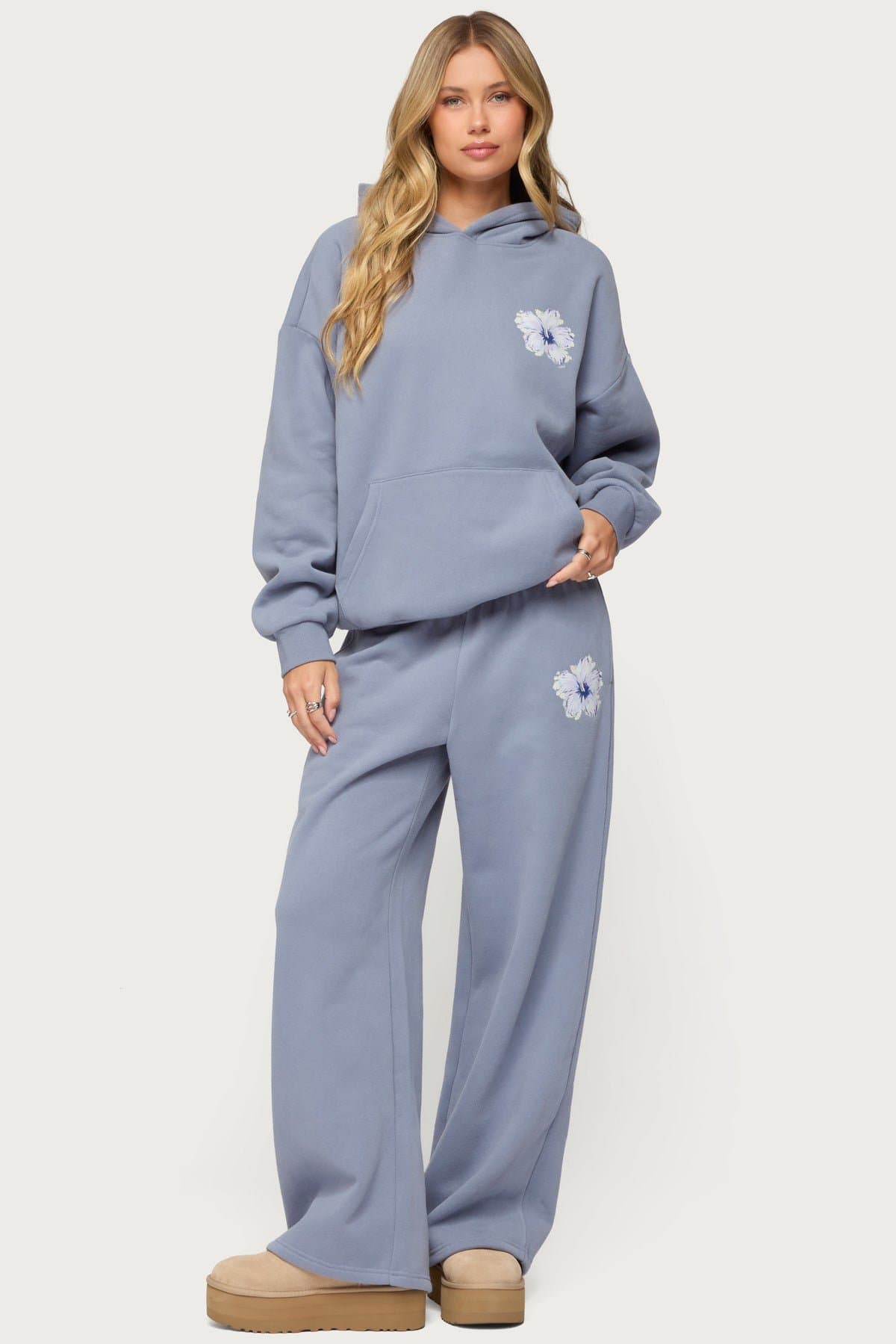 Tropical Bloom Sweatpants - Hibiscus Print Straight Leg Polyester Cotton Elastic Waistband