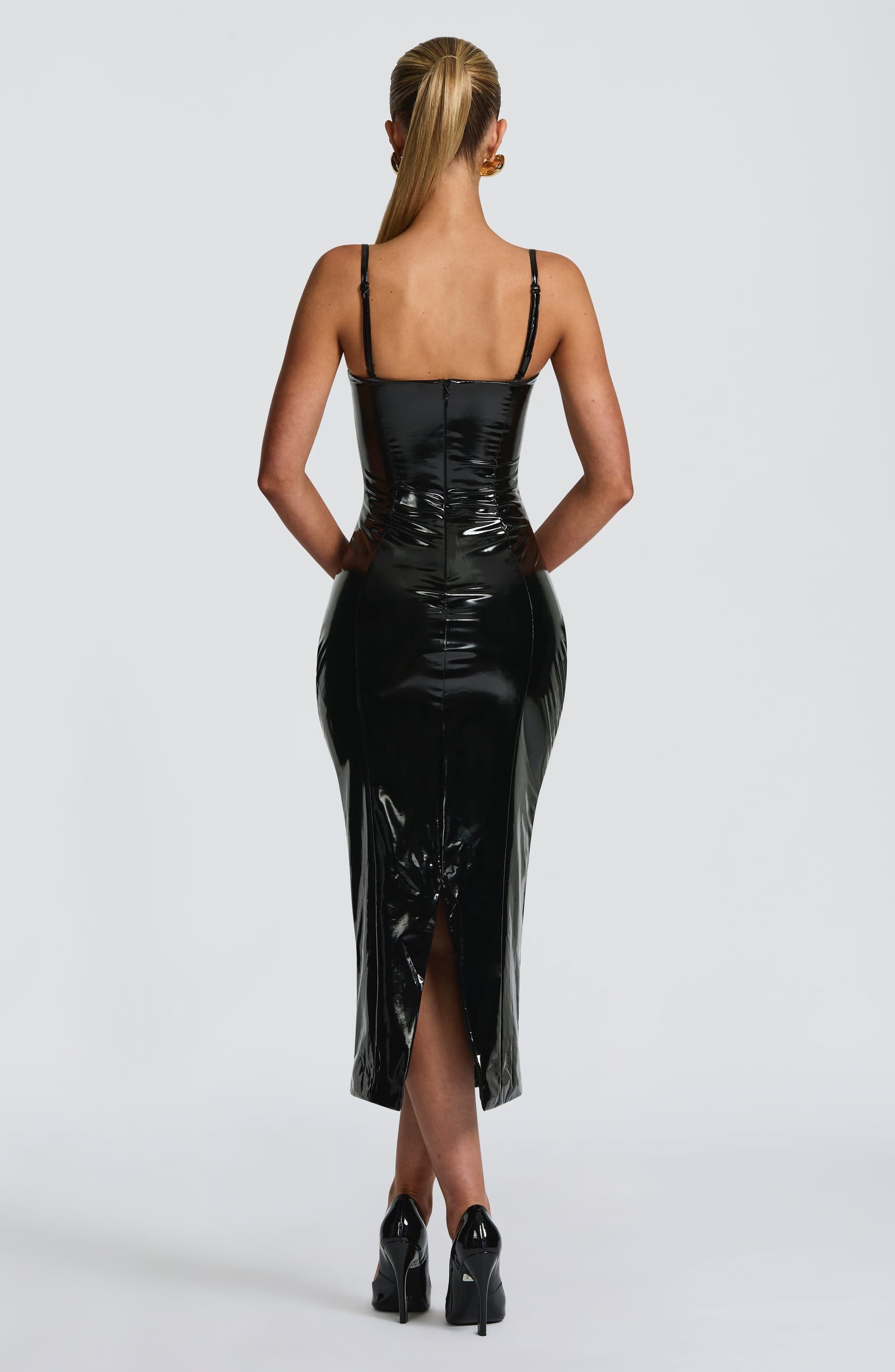 Amala Midi Dress - Black Vinyl with Underwired Cups and Detachable Straps