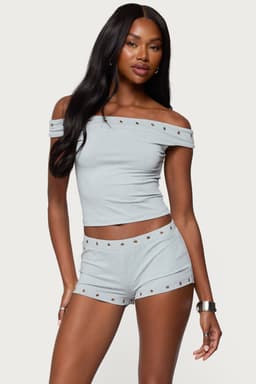 Neriah Grommet Off Shoulder Top - Polyester Spandex Matching Set