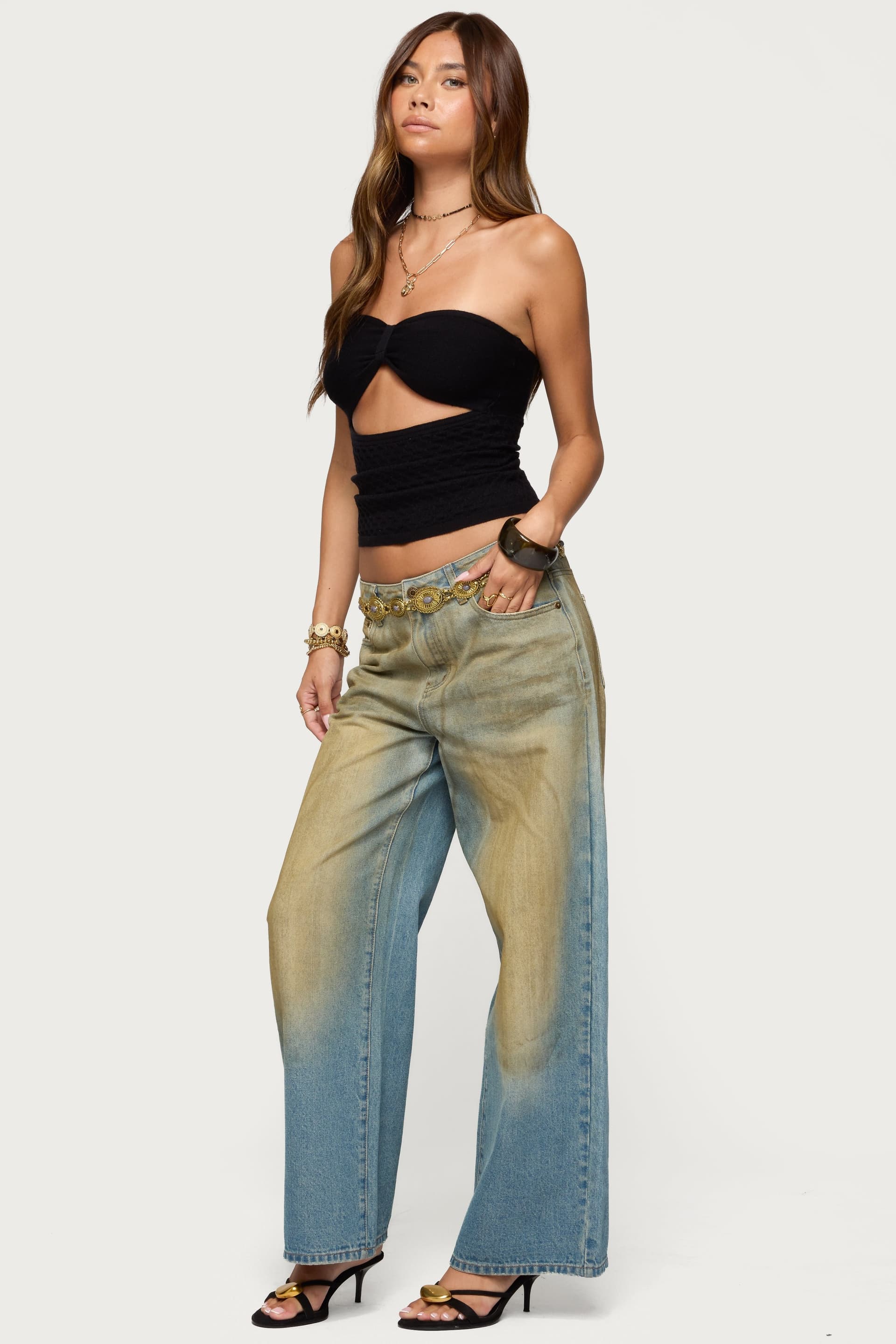 Textured Knit Strapless Cutout Top with Sweetheart Neckline Size S Acrylic