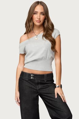 Michaela Off Shoulder Knit Top - Polyester Rayon Ribbed Fitted Hem
