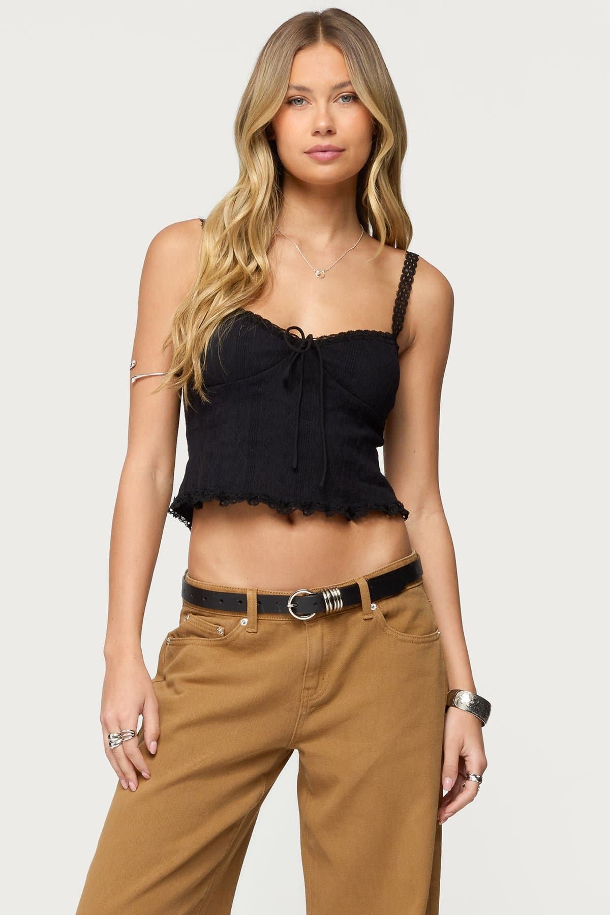 Lacey Knit Tank Top with Lace Trim, Adjustable Straps, Cotton Spandex