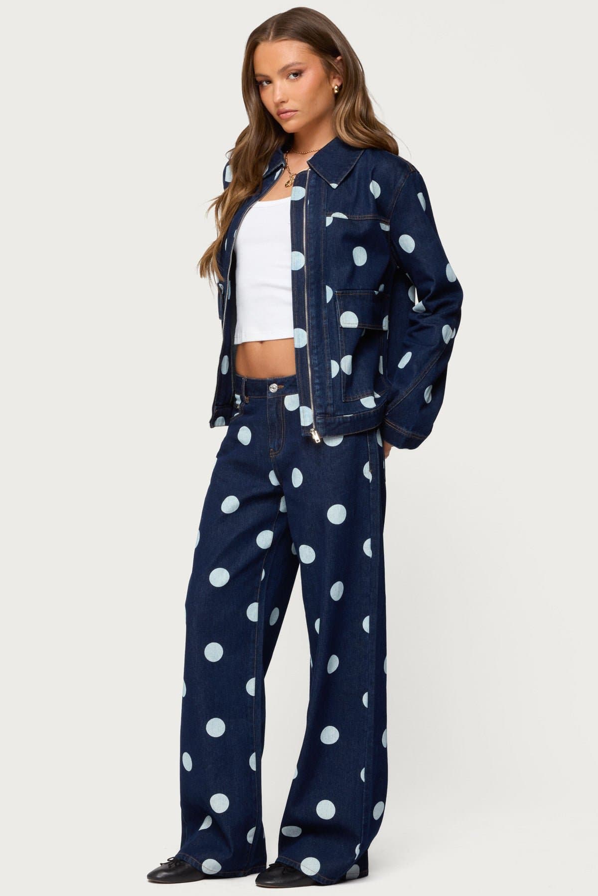 Leyah Polka Dot Low Rise Baggy Jeans - 100% Cotton Rigid Denim