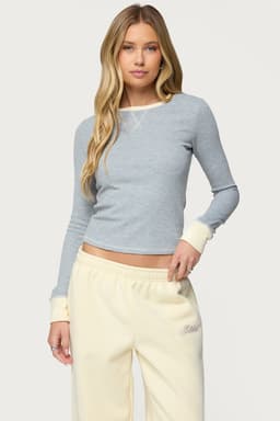 Rora Contrast Long Sleeve Waffle Top - Cotton Polyester Spandex Blend