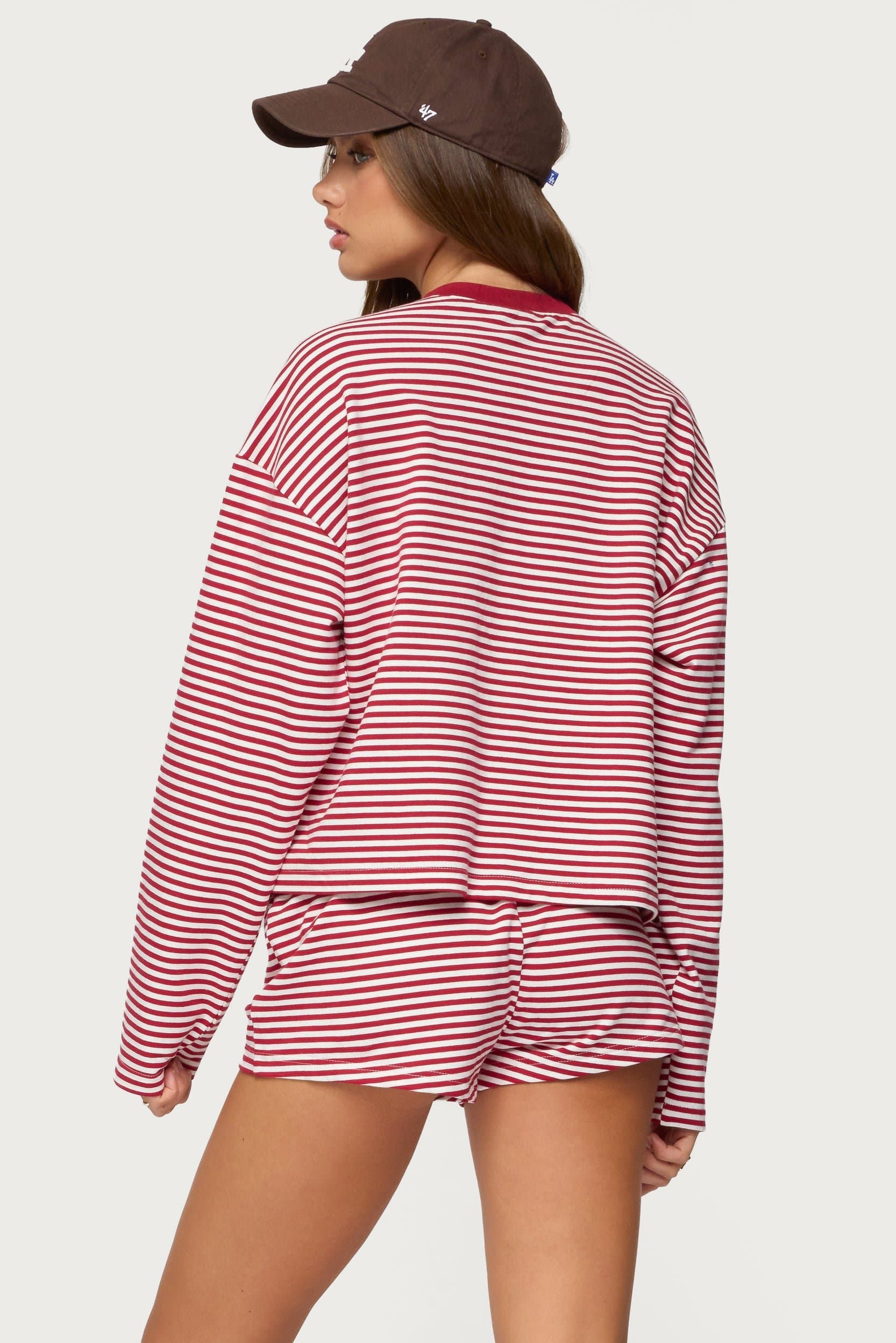 Jainee Striped Long Sleeve Oversized T-Shirt - Cotton Spandex Loungewear