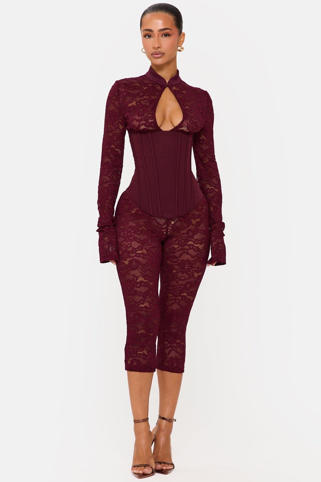 Jagger Long Sleeve Lace Capri Jumpsuit High Neck Keyhole Corset Back