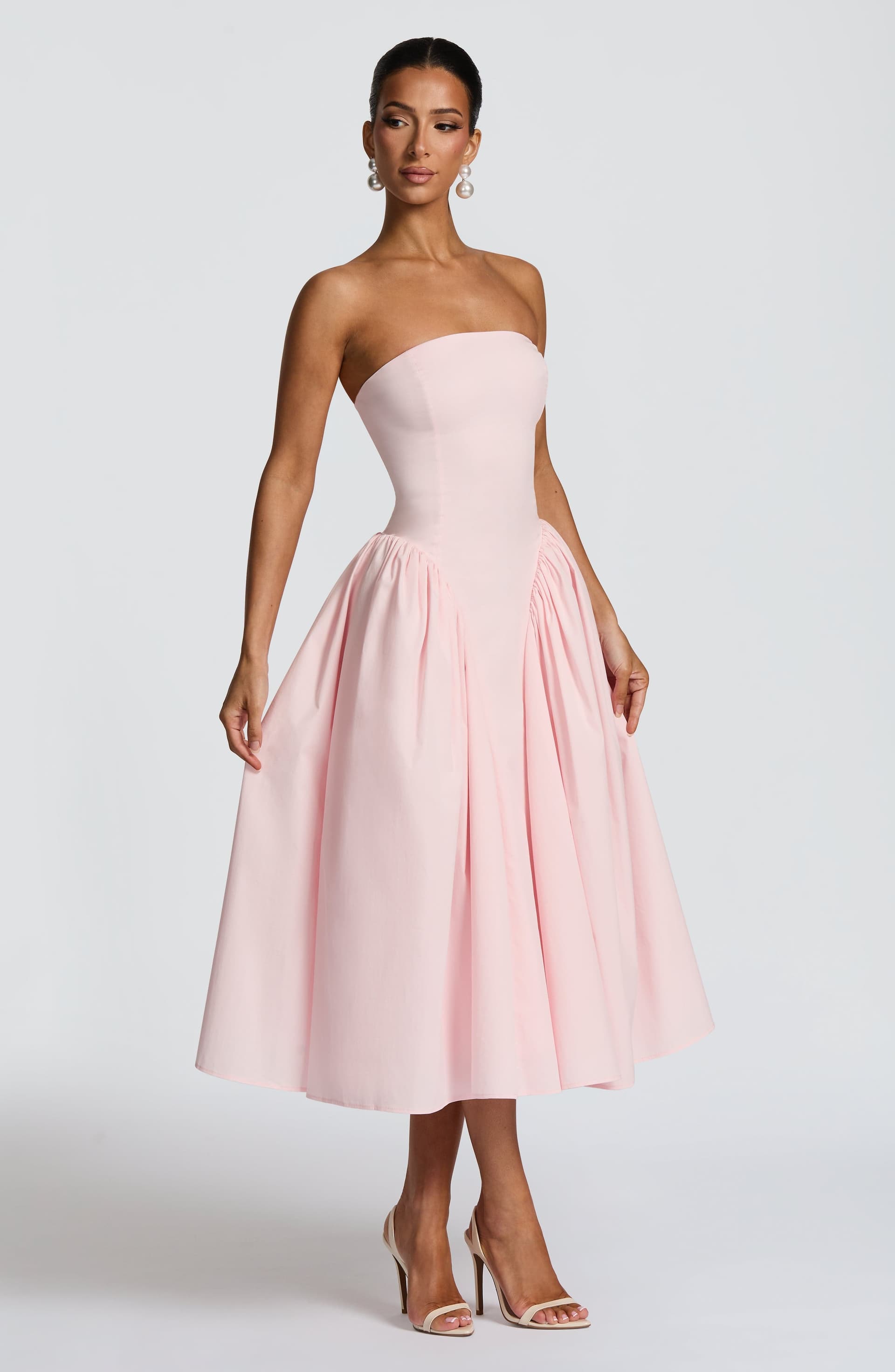 Darla Midi Dress - Blush Strapless Cotton Nylon Elastane Poplin