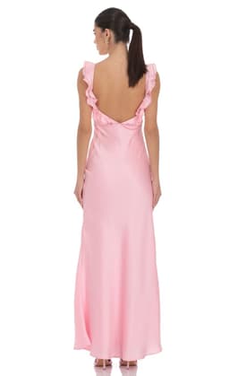 Satin Ruffle Open Back Maxi Dress in Pink