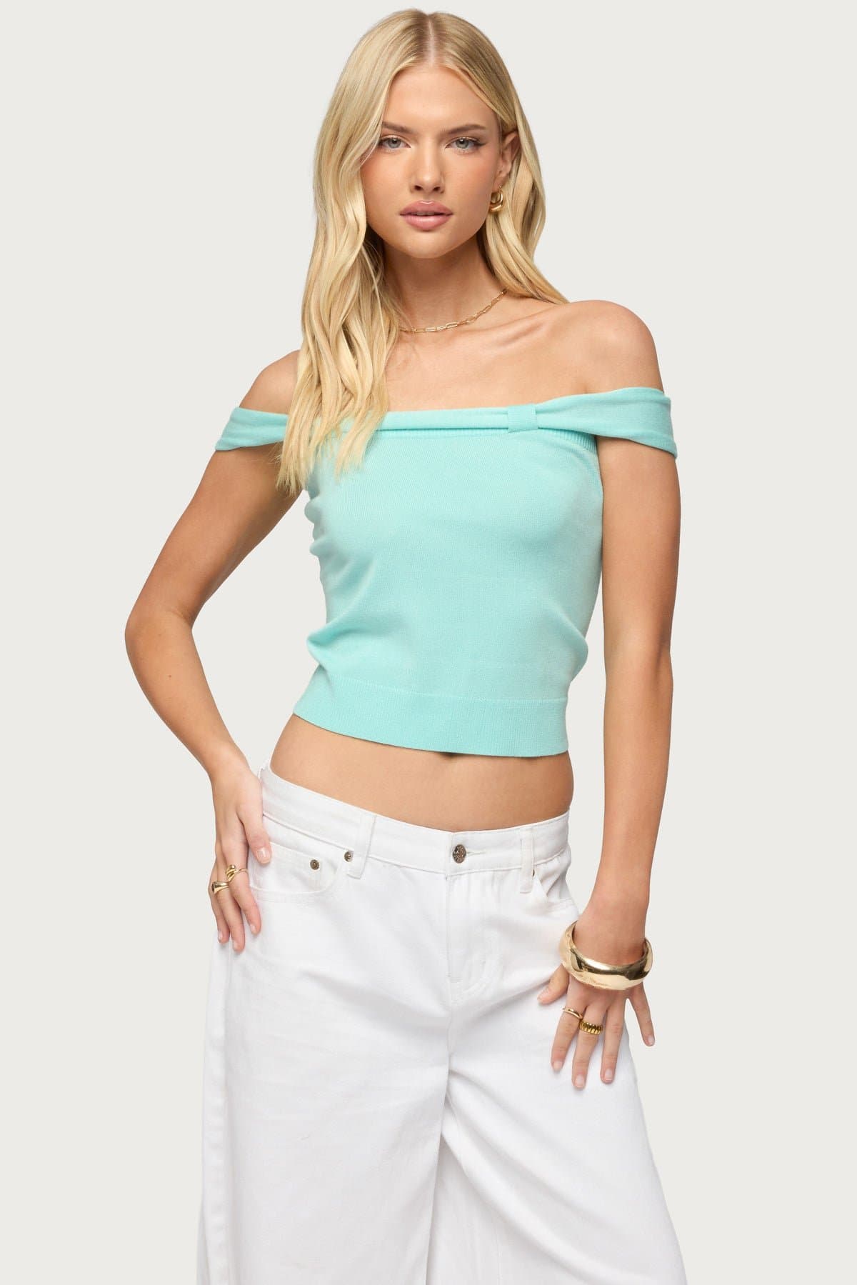 Sami Off Shoulder Knit Top - Rayon Polyester Looped Detailing