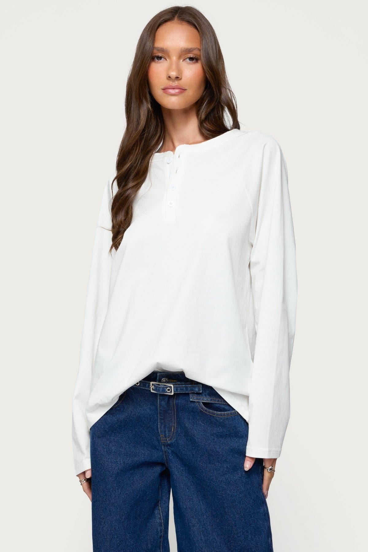 Cyrus Henley Oversized Long Sleeve Top - 100% Cotton Raglan Fit