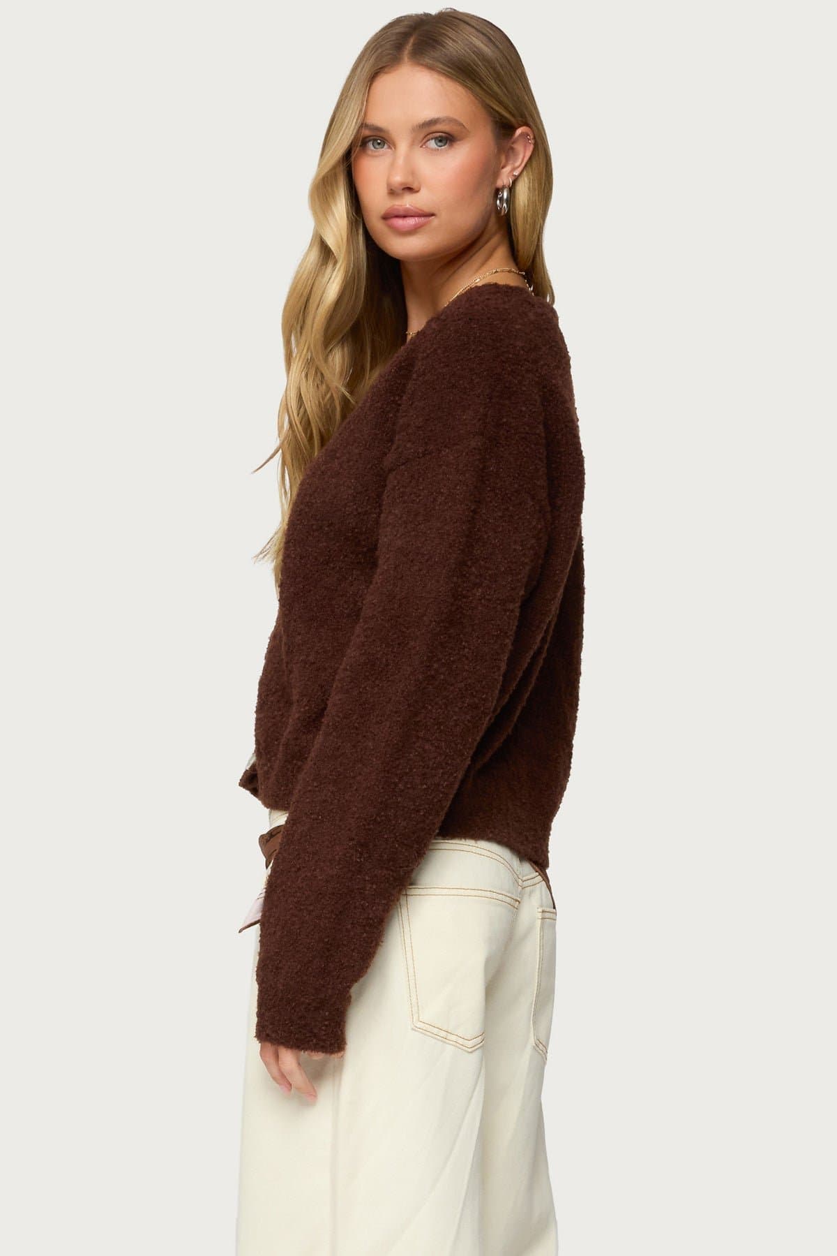 Jade Knitted Cardigan - Long Sleeve Textured Knit Polyester Nylon Button Front