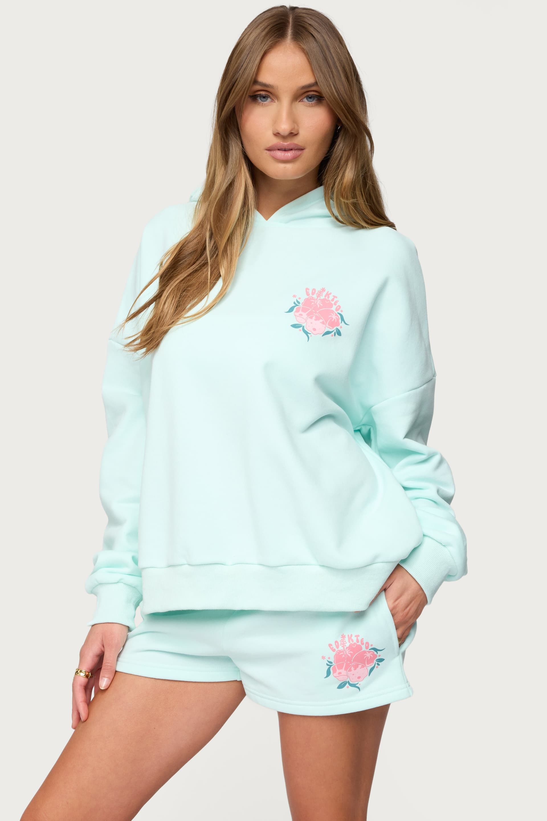 Beach Bloom Hoodie with Hibiscus Flower Palm Trees Print Polyester Cotton