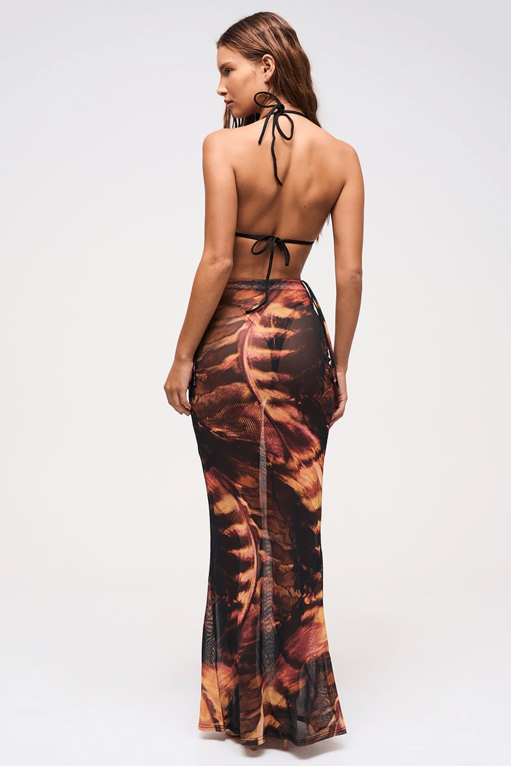 Ember Mesh Maxi Skirt - Single Layer Sheer Stretchy Print with Side Ruching