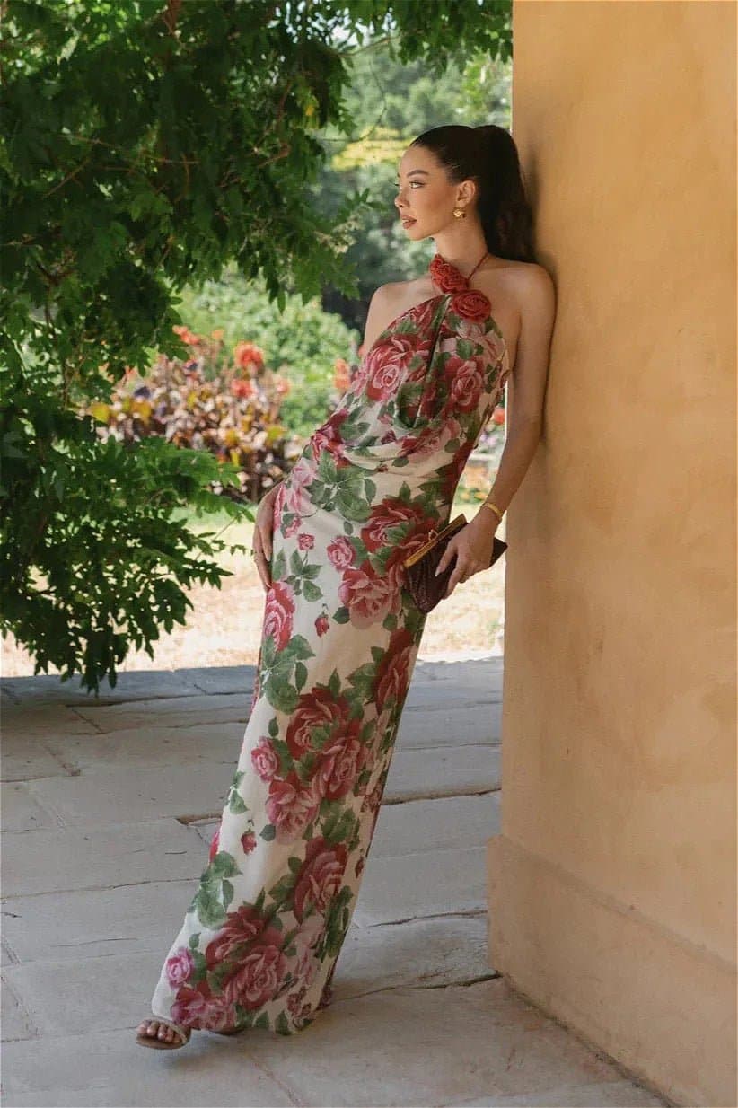 Rose Halter Off-Shoulder Floral Ankle-Length A-Line Dress
