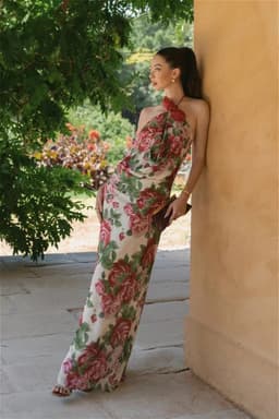 Rose Halter Off-Shoulder Floral Ankle-Length A-Line Dress