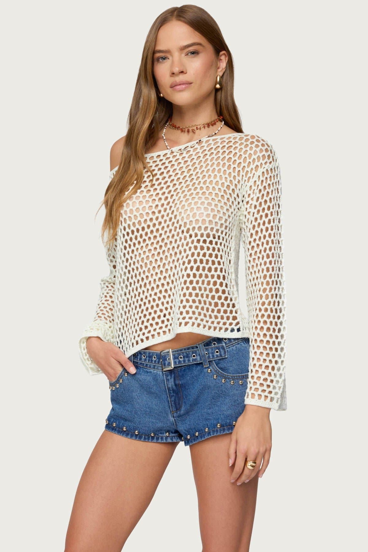 Kalley Off Shoulder Crochet Top Long Sleeve Acrylic