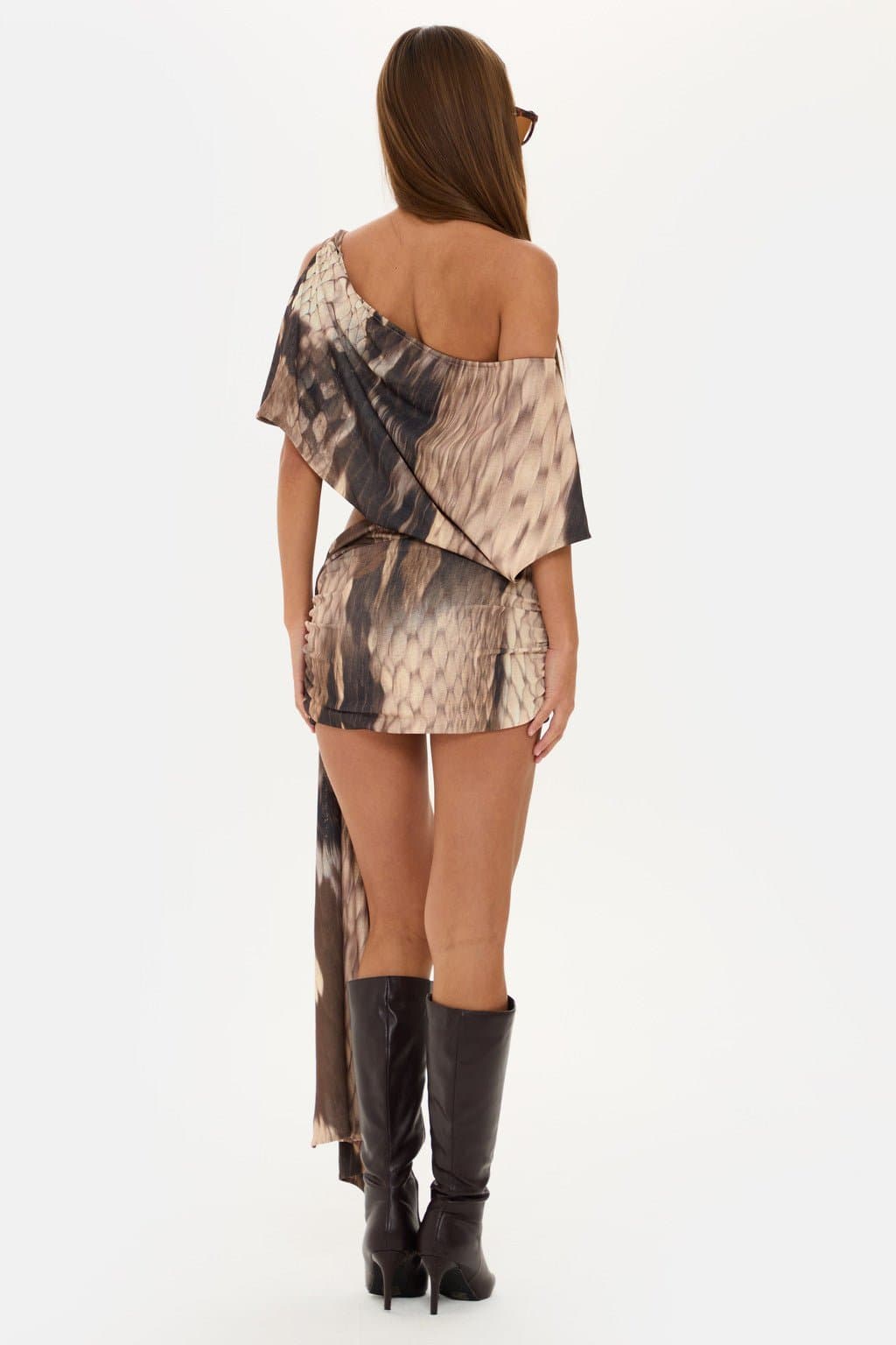 COCO Asymmetric Off Shoulder Snake Print Mini Dress with Ruched Skirt