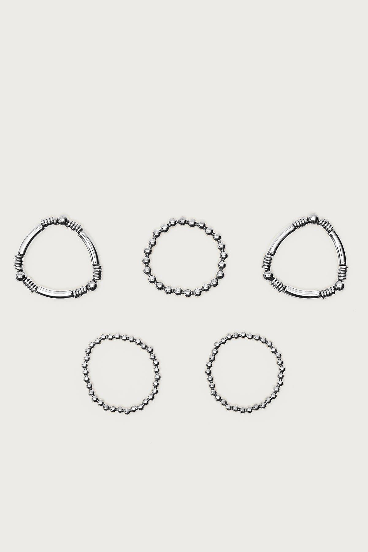 Mixed Bead Bracelet Pack of 5 Assorted Styles Silver Tone Metal 2.6 Inch Length