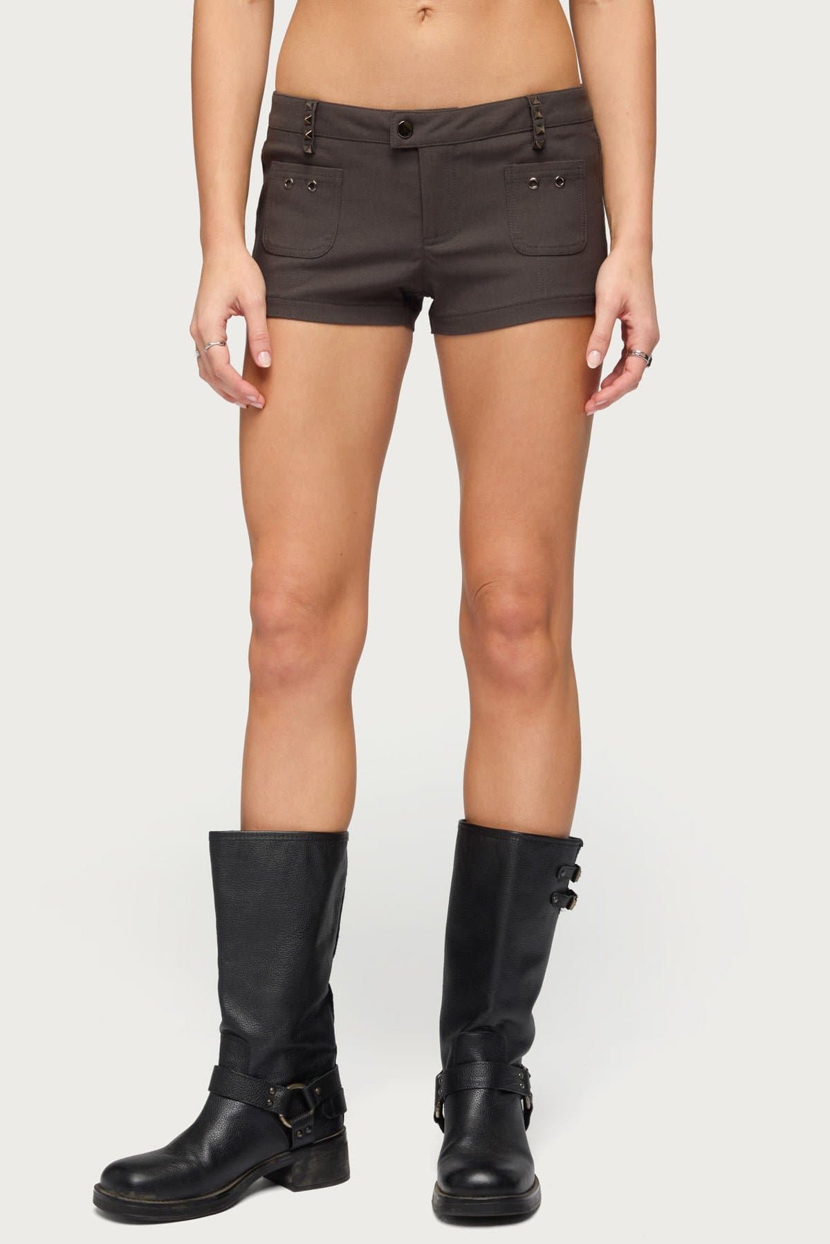 Feliciti Studded Cargo Shorts - Cotton Nylon Spandex Low Rise Inseam 1.8in