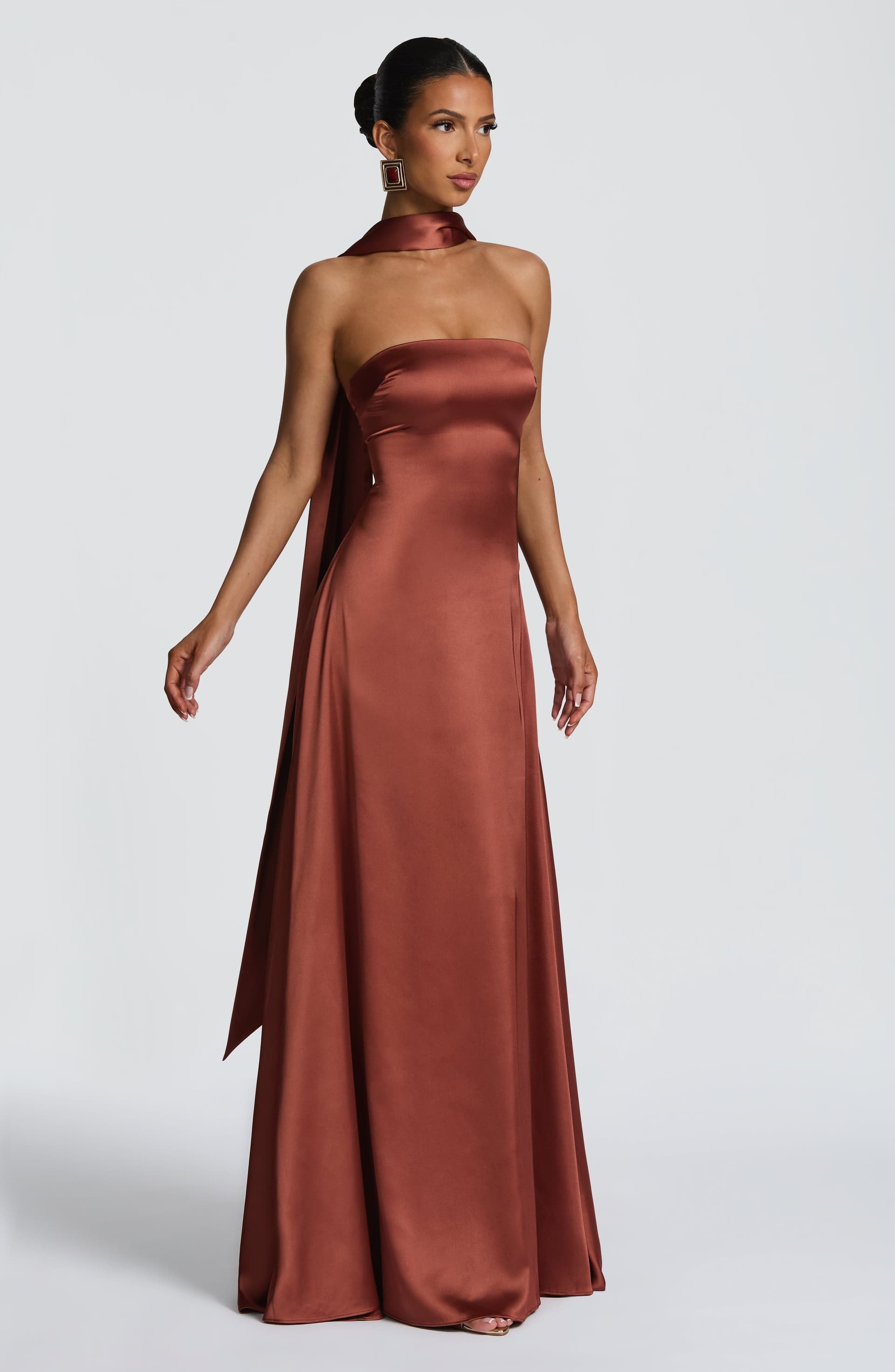 Morven Maxi Dress - Rust Satin Strapless A-Line Lace-Up Back