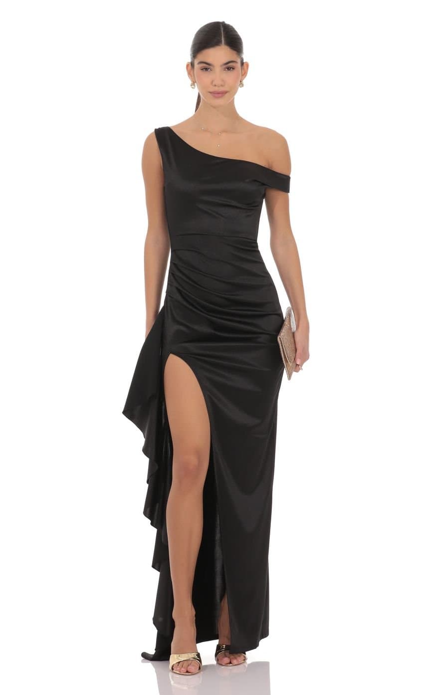 Satin Off Shoulder Maxi Dress in Black