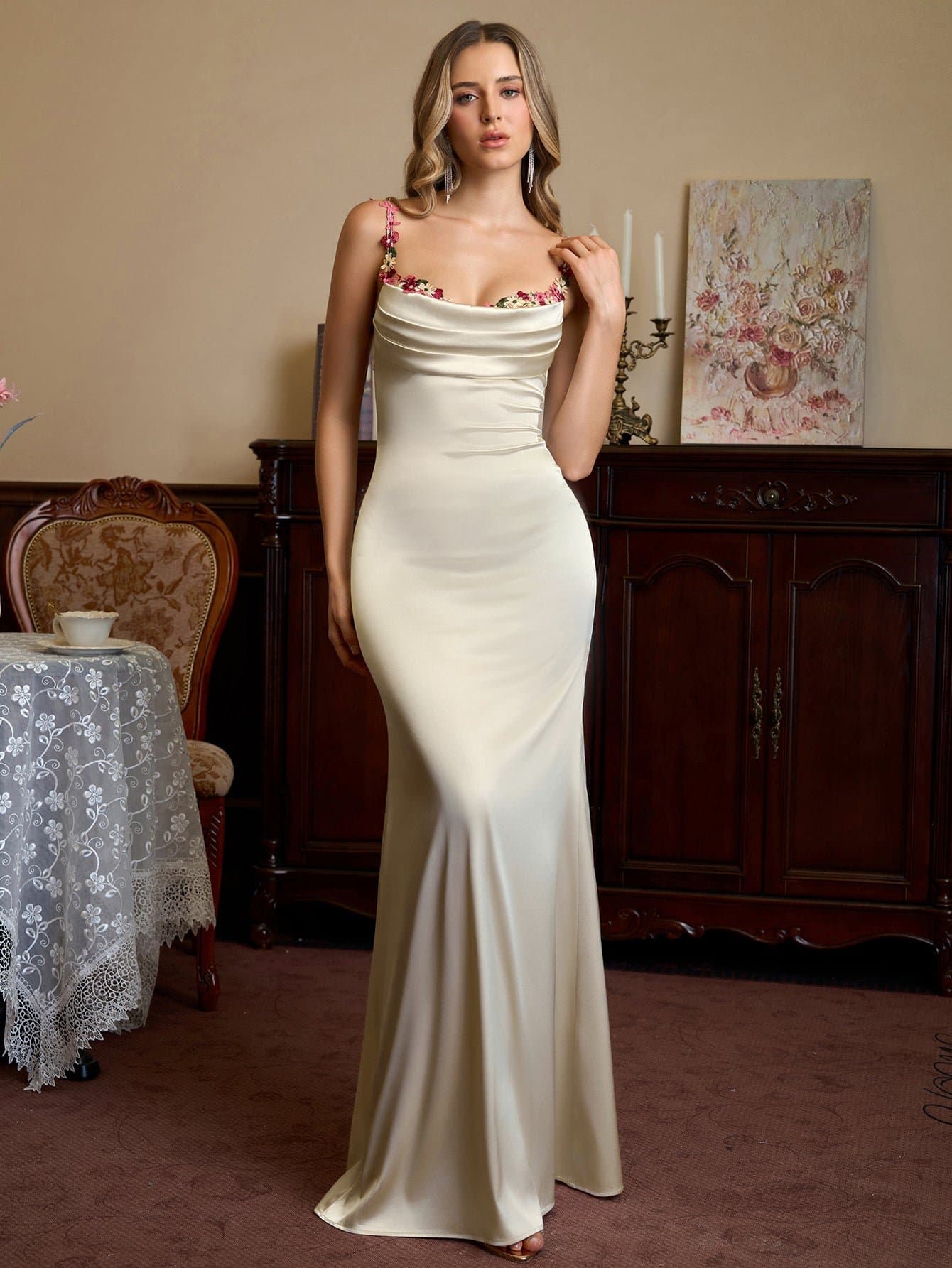 Embellished Strap Tie Back Satin Bodycon Dress