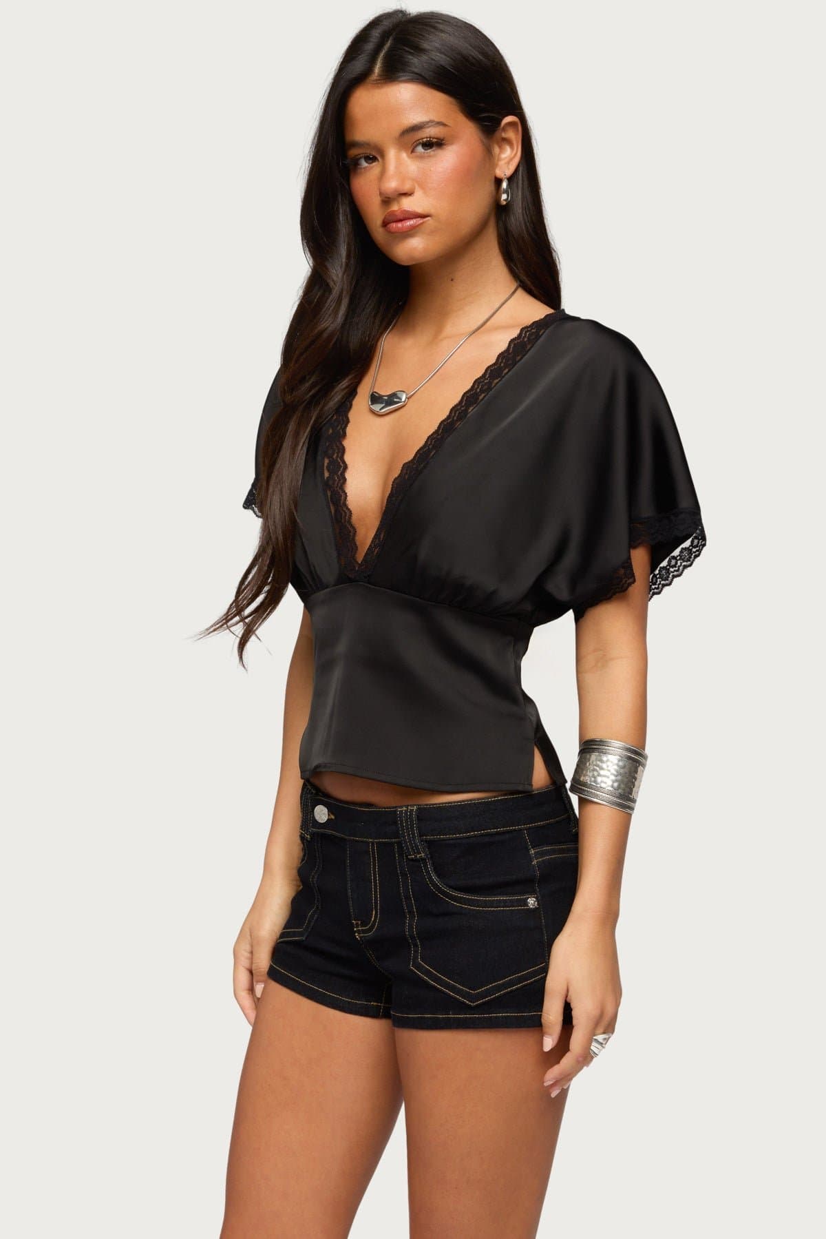 Ihara Lacey Cinched Waist Top - Deep V Neckline Lace Trim Polyester