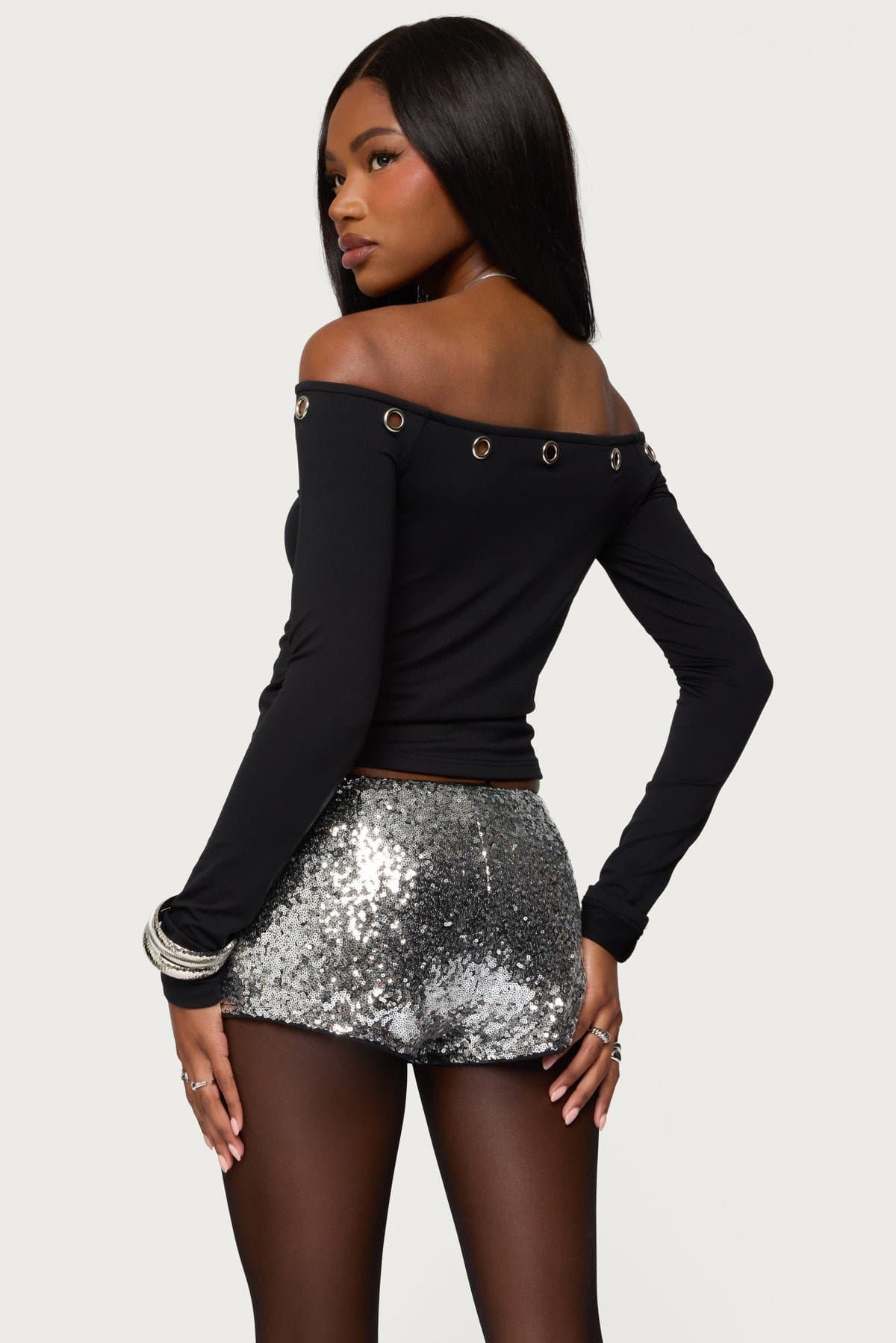 Trina Grommet Off Shoulder Long Sleeve Top - Polyester Spandex