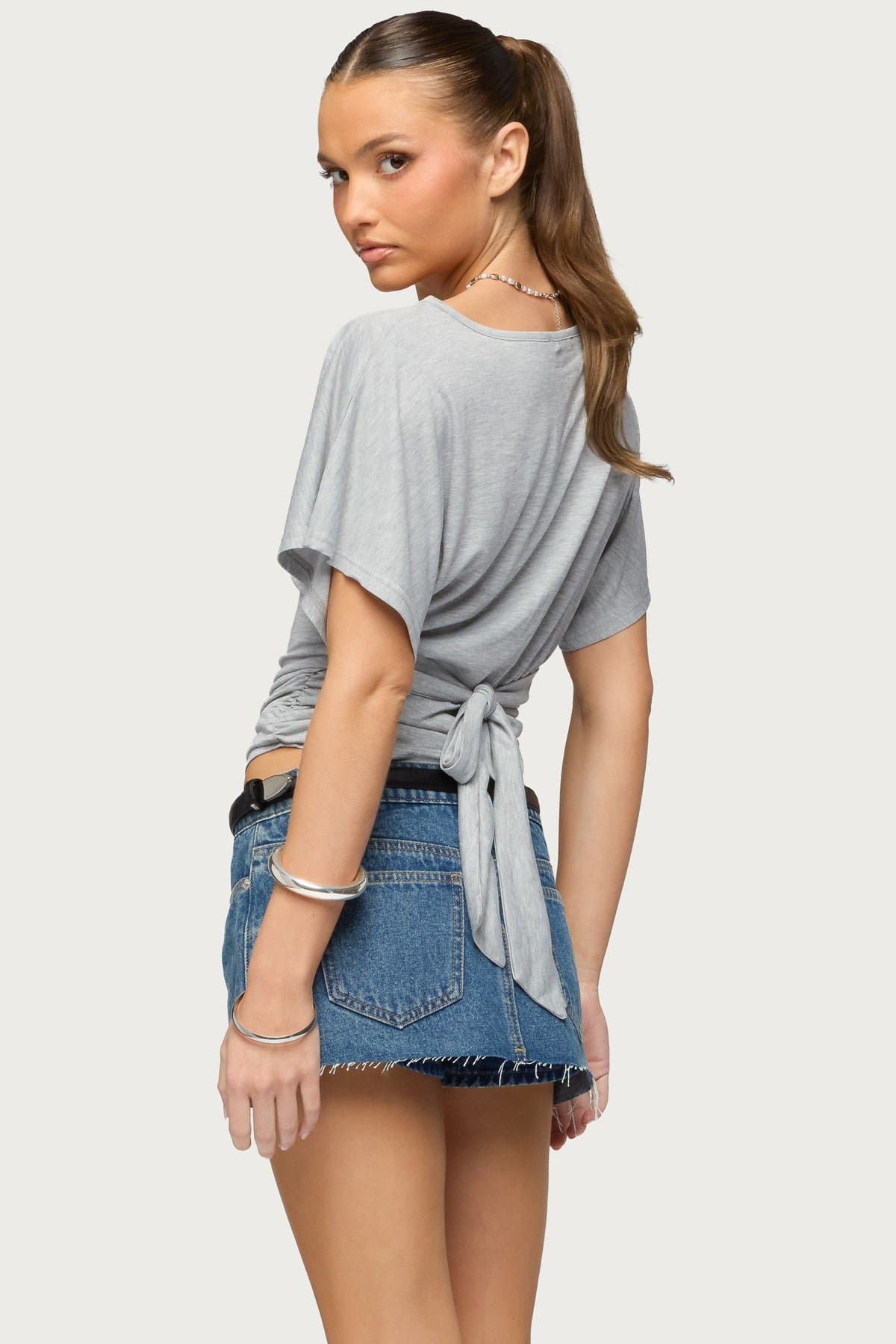 Abriana Ruched Waist Top - Rayon Polyester Back Tie Detail