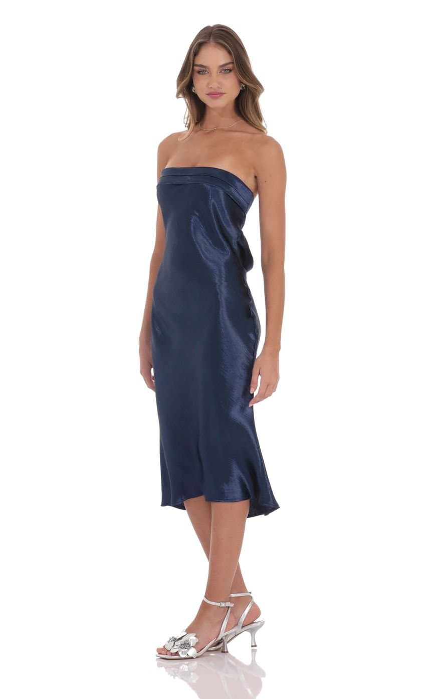 Strapless Satin Open Back Midi Dress in Navy