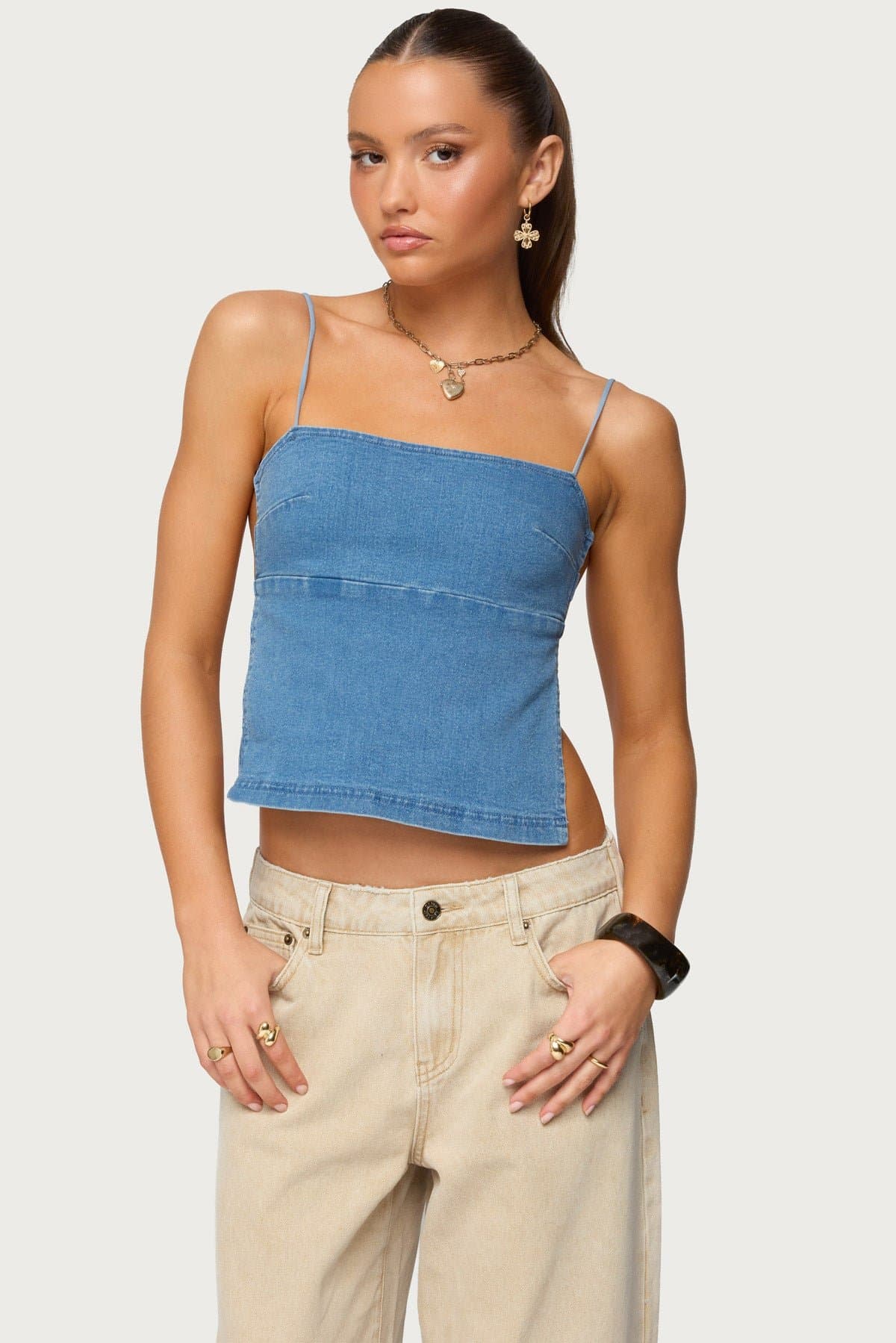 Conley Backless Denim Top with Adjustable Straps and Back Tie Closure