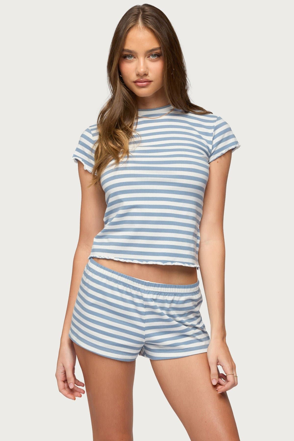 Aubrie Women's Striped T-Shirt with Lettuce Edges - Cotton Spandex