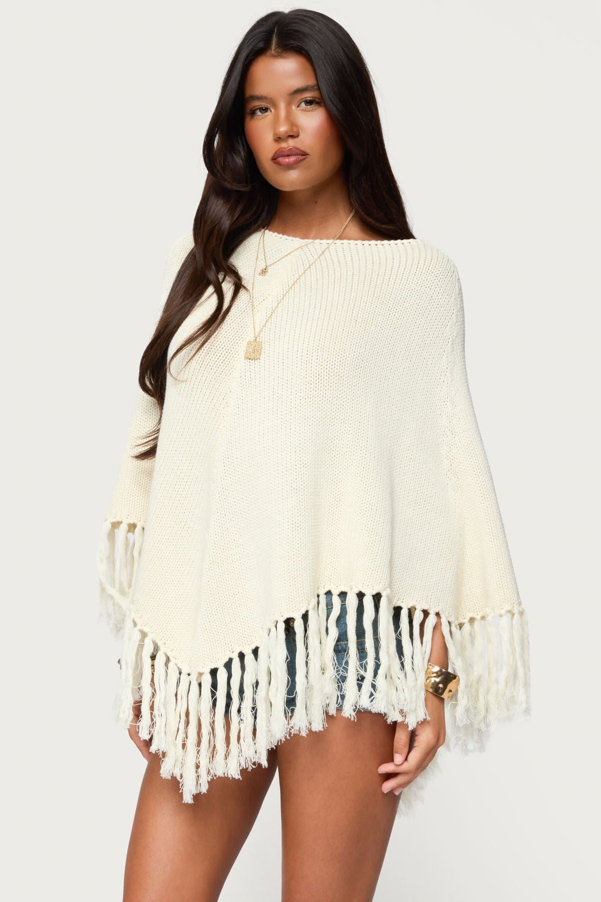 Kamila Fringe Knit Poncho 100% Cotton Fringe Hem XS/S Black