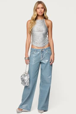 Jenney Shiny Low Rise Baggy Jeans in Metallic Rigid Denim 100% Cotton