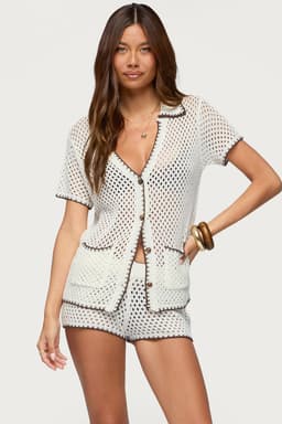 Rocca Contrast Button Up Crochet Top - Acrylic Fabric with Collar Pocket Trim