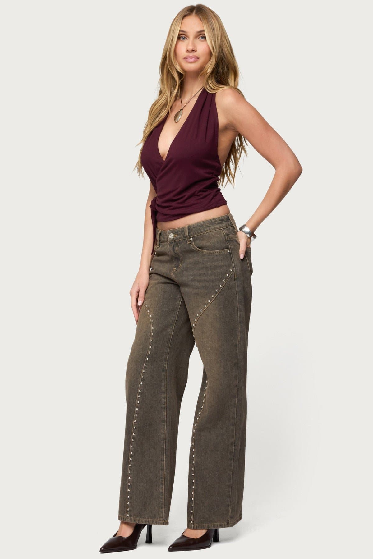 Addana Wrapped Halter Top - Deep V Neck Rayon Spandex Side Tie Women's Blouse