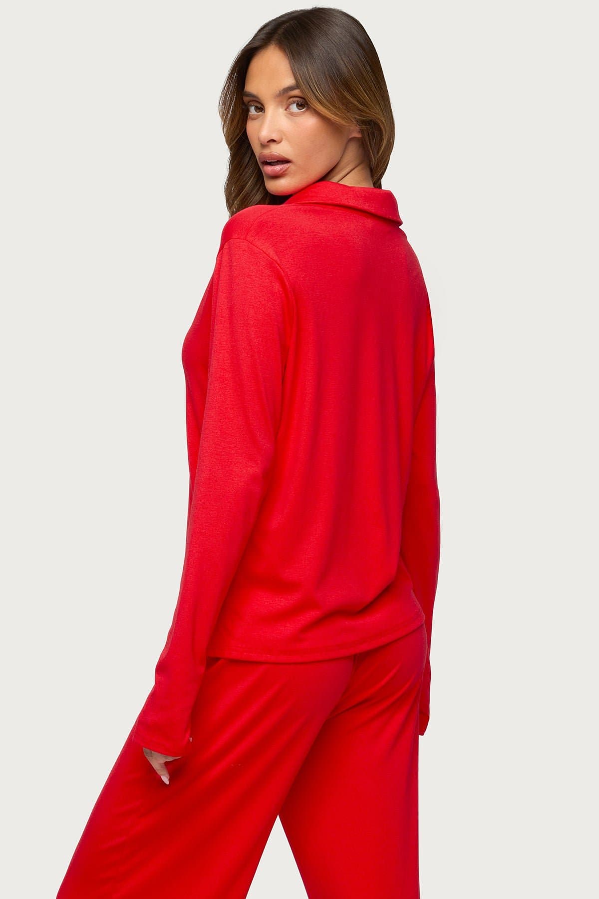 Justina Button Up Long Sleeve Sleepwear Top - V-Neck Collared Cotton Polyester Spandex