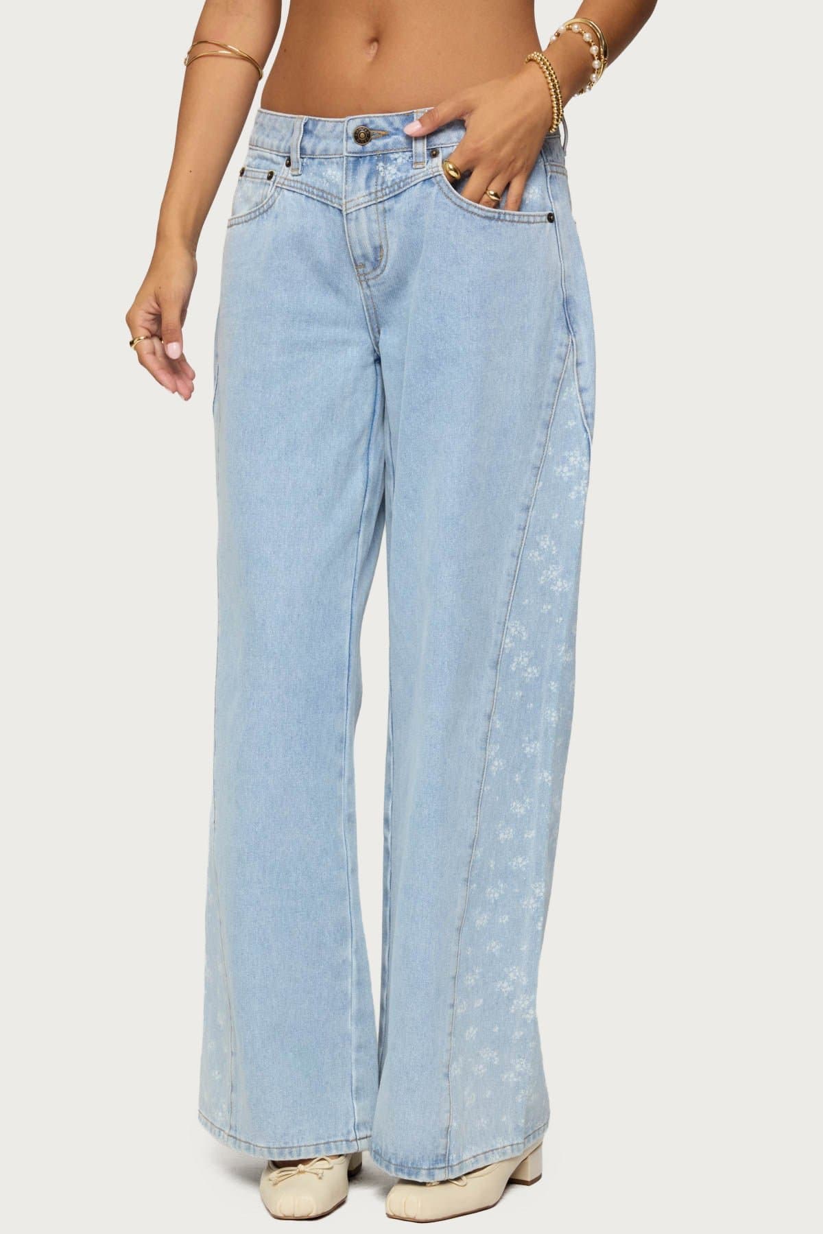 Floral Split Low Rise Baggy Jeans 100% Cotton Rigid Denim