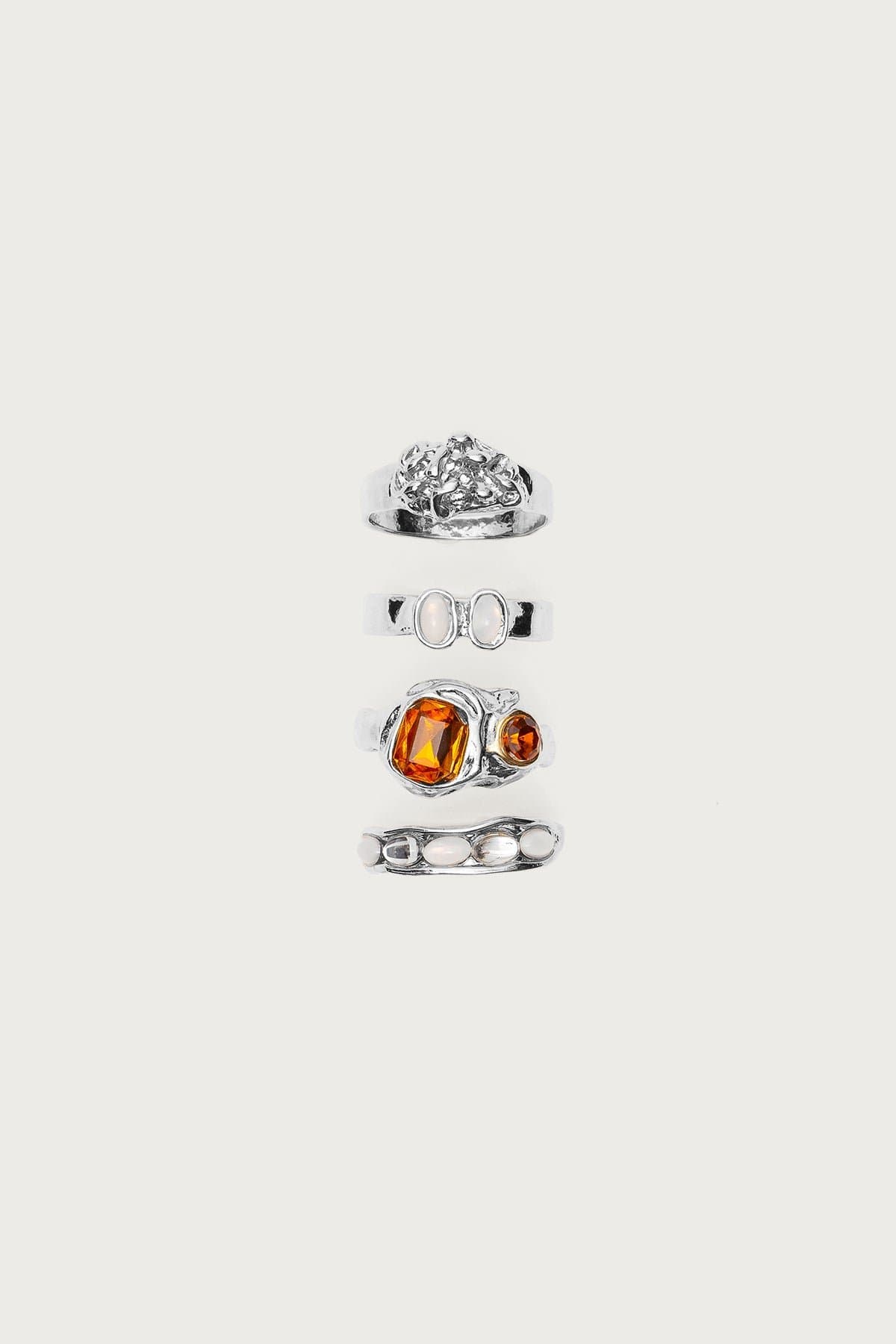 Mixed Gemstone Ring Pack Silver Tone Metal Assorted Designs 0.7-0.9in Diameter