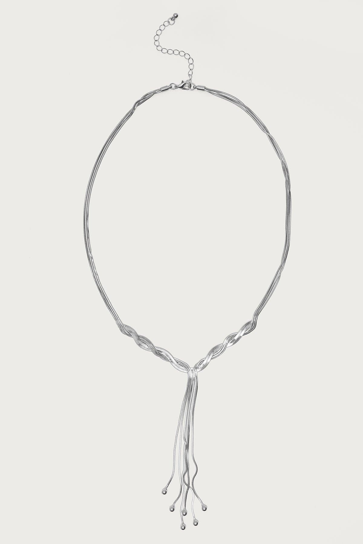 Braided Cascading Chain Necklace - Silver Tone Metal 16.3 Inch Length